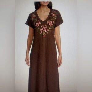 Reba Brown Maxi Dress with Pink Floral Embroidery